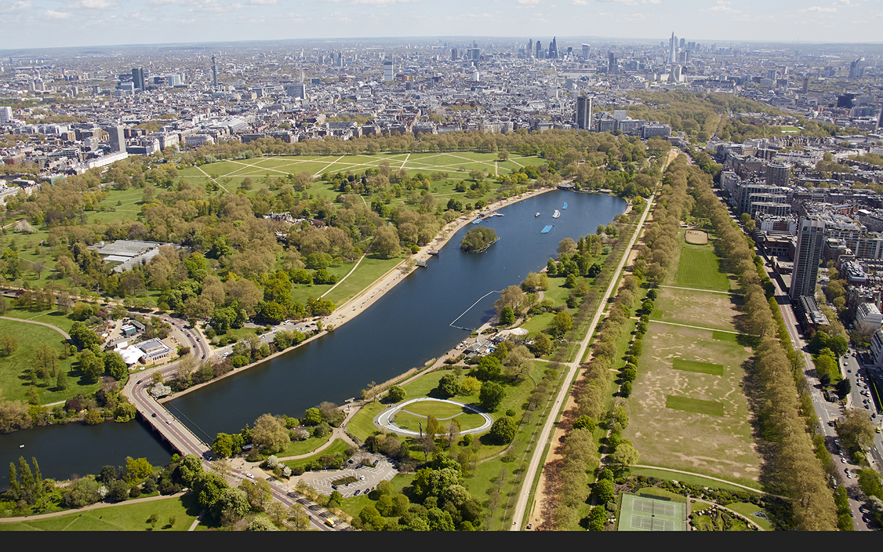Aerial photography view north-east of Hyde Park and the Serpentine. With Diana Princess of Wales Memorial Fountain and Speke Monument. London SW7, UK.